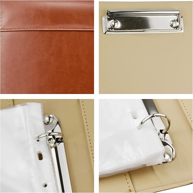 PU Leather Padfolio Ring Binder with Clipboard Resume Leather Portfolio with 20 Clear Plastic Sleeves Brown