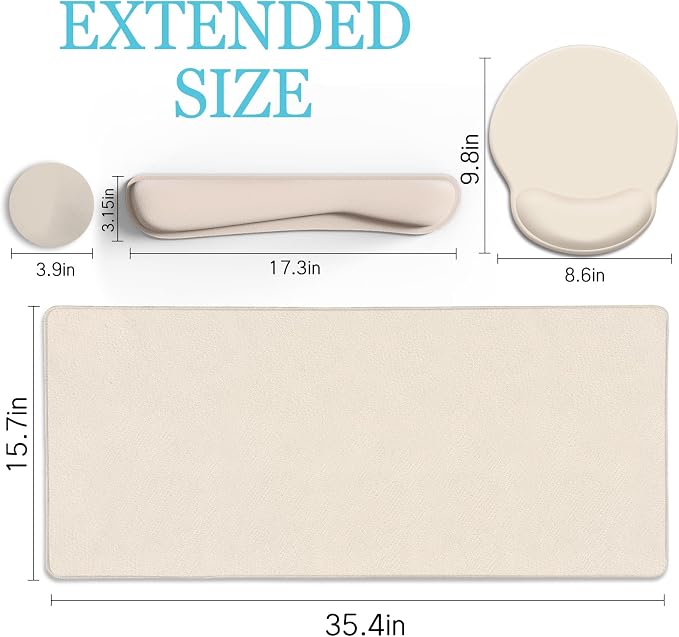 LIMKRIAN Beige Mouse Pad Set, Complete XXL Desk Mat with Ergonomic Keyboard Support & Coaster, Featuring Mouse Pad with Gel Wrist Rest for Pain Relief, Comfortable Home Office Gaming Accessories Gift