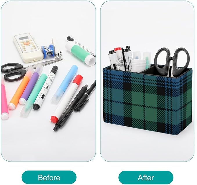 Green Blue Tartan PU Leather Pen Holder Desk Organizer, 2-Compartment Pencil Container for Office, Home, Vanity Use