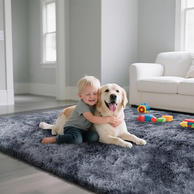 Fluffy Rug Shag Area Rug, Mottling Dark Grey 4x6 Area Rugs for Bedroom, Small Bedside Rug, Soft Fluffy Shag Entryway Throw Rugs for Living Room Bedroom Room Home Decor