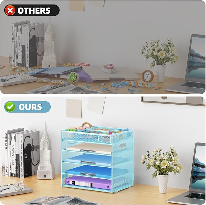 Marbrasse 5 Tier Paper Organizer, Mesh Desk Letter Tray with Handle,Blue | Paper Sorter Desk Organizer for Letter/A4 Office File Folder Holder Home Office Supplies