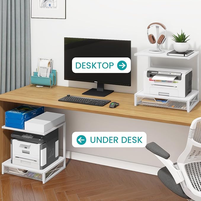 ELITEROO Printer Stand for Desk with Storage Drawer, 2 Tier Desk Shelf | Wood Desktop Organizer for Home Office, Fits 3D Printer, Scanner, Fax Machine, Books, White
