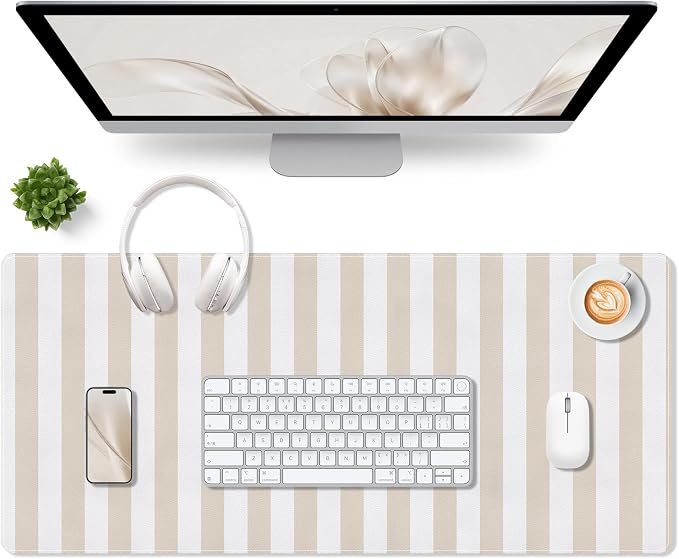 Beige Desk Mat Cute Kawaii PU Leather XXL Large Mouse Pad Striped Pastel Desk Pad Mat Laptop Computer Keyboard and Mouse Mat Home Office Decor for Women Girls