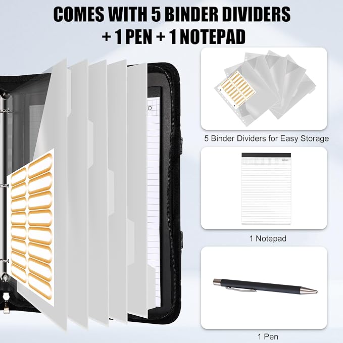 Portfolio Binder 3 Ring Includes Pen and 5 Dividers with 10 Pockets, Padfolio Organizer with Magnetic Handle for Men and Women, Includes A4 Notepad for Business, School, Work