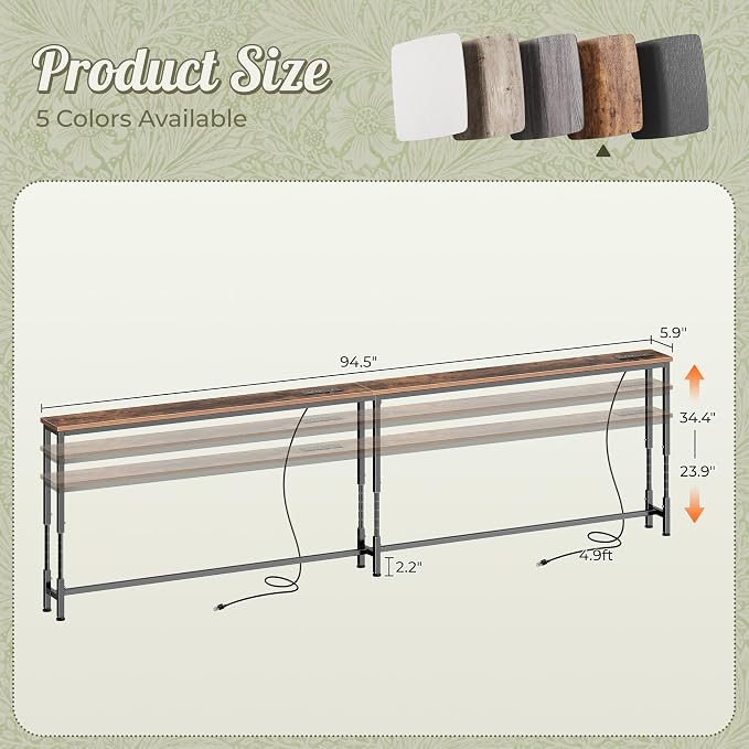 Huuger 94.5 Inch Sofa Table with Power Outlets, 23.9’’-34.4’’ Height Adjustable Range, Behind Couch Table with USB-C Ports, Sofa Tables Narrow Long, Skinny Console Table, Small Spaces, Rustic Brown