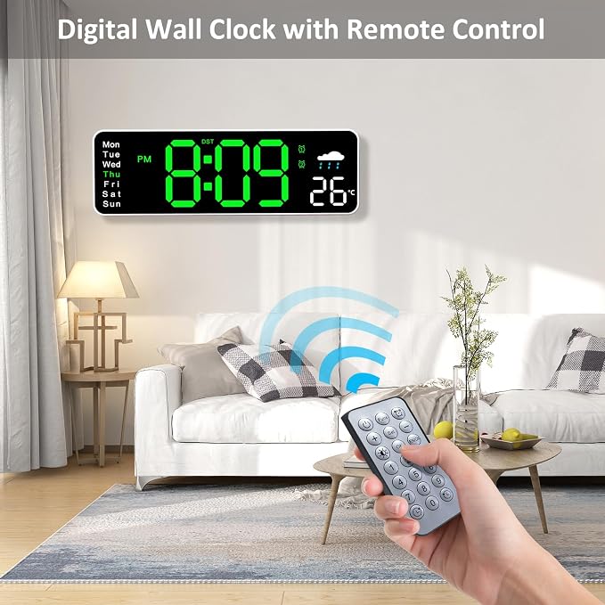 Digital Wall Clock, 12" Digital Clock with Temperature, Humidity, Weatherforecast, Day of the Week, Timer, Auto-dimming, for Living Room/Classroom/Gym/Church/Shop/Garage,Green