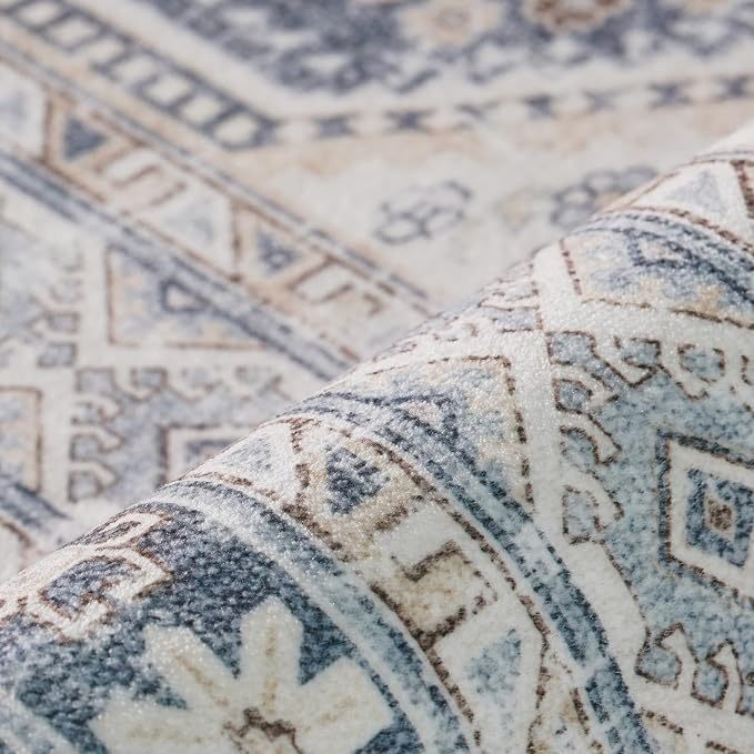 10x14 Area Rug for Living Room: Vintage Oriental Washable Rug for Bedroom Dining Room with Non Slip Rubber Backing Stain Resistant Low Pile Large Carpet Home Office (Blue, 10x14)