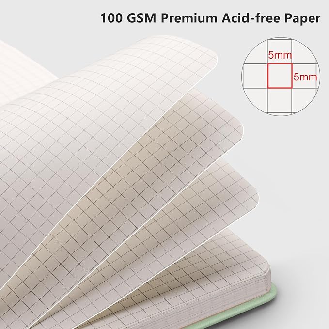 RETTACY Graph Grid Paper Notebook, 192 Pages, A5 Medium Size (5.7'' x 8.3''), 5 Squares per Inch, Leather Hardcover, 100 GSM Thick Paper, for School, Students, Math, Engineering (Light Green)