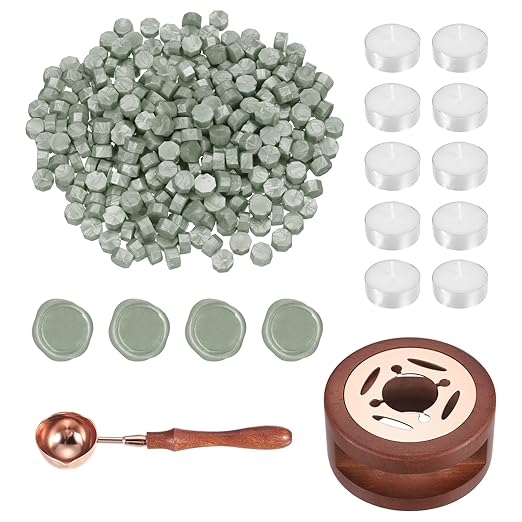PATIKIL Wax Seal Kit, 300 Pcs Wax Sealing Beads, Wooden Warmer, Melted Spoon, 10 Pcs Tealight Candles for Envelope Letter Mailing Crafts DIY, Green Silver