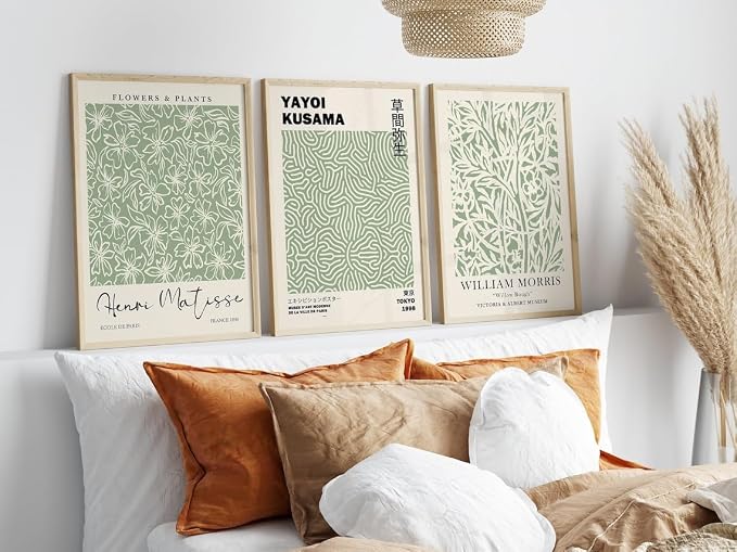 HesenDot Matisse Sage Green Wall Art Set of 3,William Morris Wall Art Decor,12x16IN Truly Quality Canvas Wall Art Pictures,Yayoi Kusama Print, Unframed Fabric wall art,Art poster decoration for