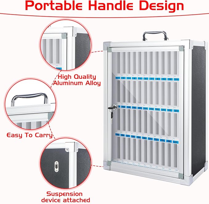 Amylove Cell Phone Locker Cabinet Aluminum Alloy Pocket Chart Storage Locker Box Cabinet Wall-Mounted Cell Phones Storage Box with Handle for Office Classroom Gym(Black,48 Slots)