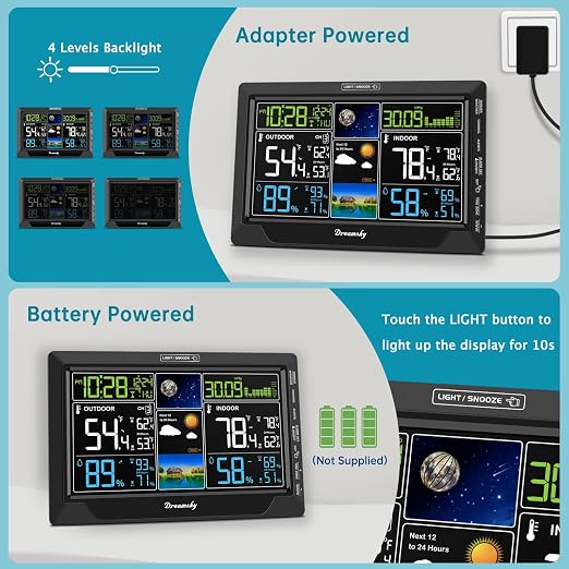 DreamSky Weather Station Indoor Outdoor Thermometer Wireless, Atomic Clock | Digital Large Display with Backlight Dimmer, USB Port, Inside Outside Temperature Humidity Monitor for Home (Plug-in)