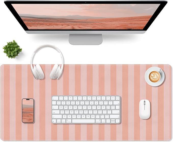 Leather Desk Pad Protector,Orange Striped Office Desk Mat, Large Mouse Pad PU Leather Desk Blotter, Waterproof Laptop Desk Writing Pad Computer Keyboard Pad for Office Home