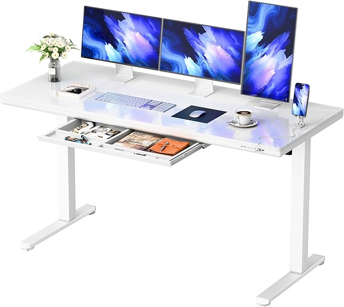 YESHOMY Electric Standing Desk with Tempered Glass Top, 55.1" Height Adjustable Desk with Partitioned Drawer & USB/Type-C Ports, Sit Stand Desk for Home Office, White