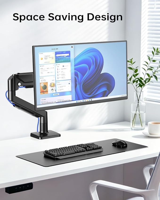 Single Gas Spring Monitor Arm for 13-32 Inch Monitors, Desk Mount | Supports 19.8 lbs | Smooth Gas Spring | Full Motion | C-Clamp & Grommet | Cable Management | VESA 75×75/100×100 mm
