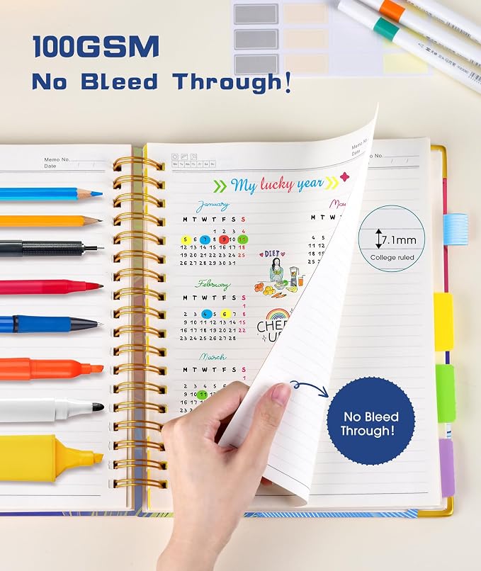 Hardcover Spiral Notebook journal with Removable Dividers Tabs, 300 Pages 5 Subject Notebook College Ruled, 100GMS Notebooks for Work School Note taking,Lined Journal for Women,A5 Colorful Feather