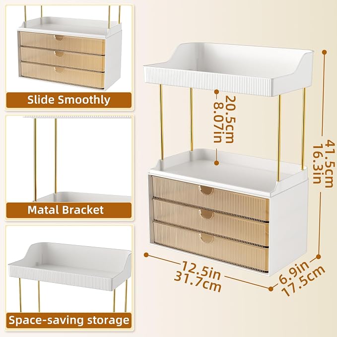 StorBin Arcylic 5-Tier Makeup & Skincare Organizer for Vanity, Bath, 2 Sets | Smooth 3 drawers, clear body, gold frame, non-slip, for perfumes, serums, face masks, palettes, vanity & bath counter,Amber