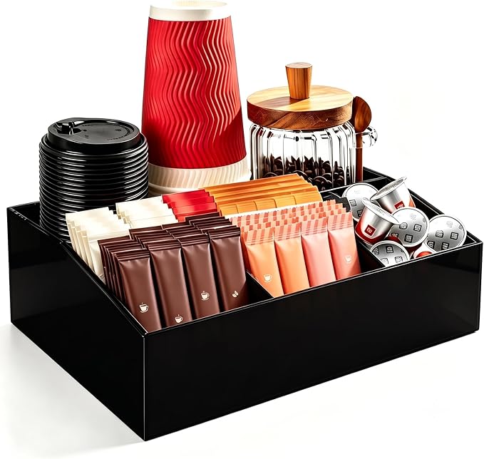 Coffee Bar Accessories, Acrylic Coffee Station Organizer Storage Box | Black Coffee Station Accessories with Removable Dividers for Pod Condiment Syrup Cup Stirrer Tea Bag, Farmhouse Table Decor