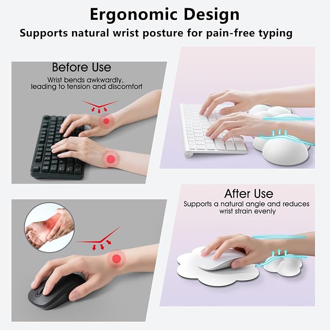 Sushret Cloud Wrist Rest for Computer Keyboard, 4-in-1 Memory Foam Leather Cloud Keyboard Wrist Rest and Mouse Pad Set with Ergonomic Support for Arm and Palm Cushion, Gaming/Work Setup, White