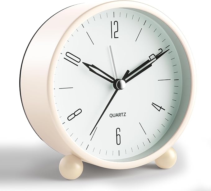 JALL Analog Alarm Clock, 4 inch Super Silent Non Ticking Small Clock with Night Light, Battery Operated, Simple Design, Old Fashioned Style Cream Decor, for Bedroom, Bedside, Desk, Adult, Gift, White