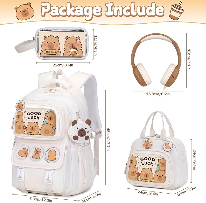 Capybara Backpack for Girls with Headphones - 4PCS Girls Backpack for Kindergarten Elementary Middle High School Travel - 3.5mm Wired Headphones Backpacks Back to School Gift(Beige)