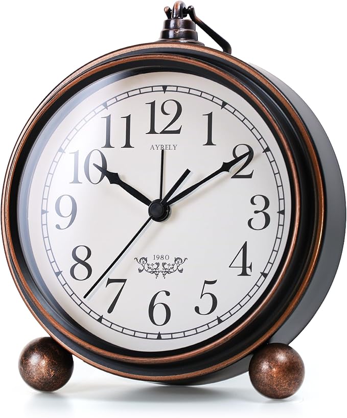 AYRELY® 5.3" Vintage Metal Analog Alarm Clock, Retro Desk and Table Clock | Antique Battery Operated Clock with Light, Elegant Bedside Gift for Bedrooms, Living Rooms, Shellf and Home Decor (Black)