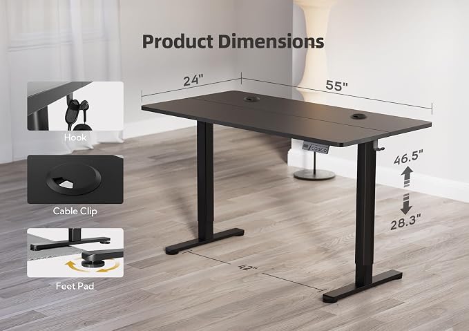YDN Electric Standing Desk, 55 x 24 Inches Adjustable Height Stand up Desk with Cable Management, Home Office Desks with Splice Board & Frame, Black Top