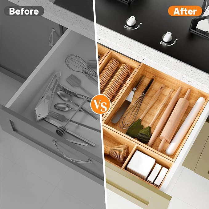 Bamboo Drawer Organizer, 10-Piece Stackable Trays with Removable Dividers | Junk drawer organizer, assorted tray sizes, 10-22 customizable compartments, nestable, kitchen utensils, bathroom, office