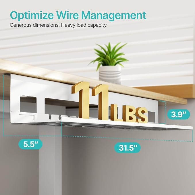 Under Desk Cable Management Tray, 31.5'' Screw-Mount Steel Rack | Metal Cord Organizer for Power Strips, Chargers, Reversible Installation, Effortless Wire Management for Home Office, White