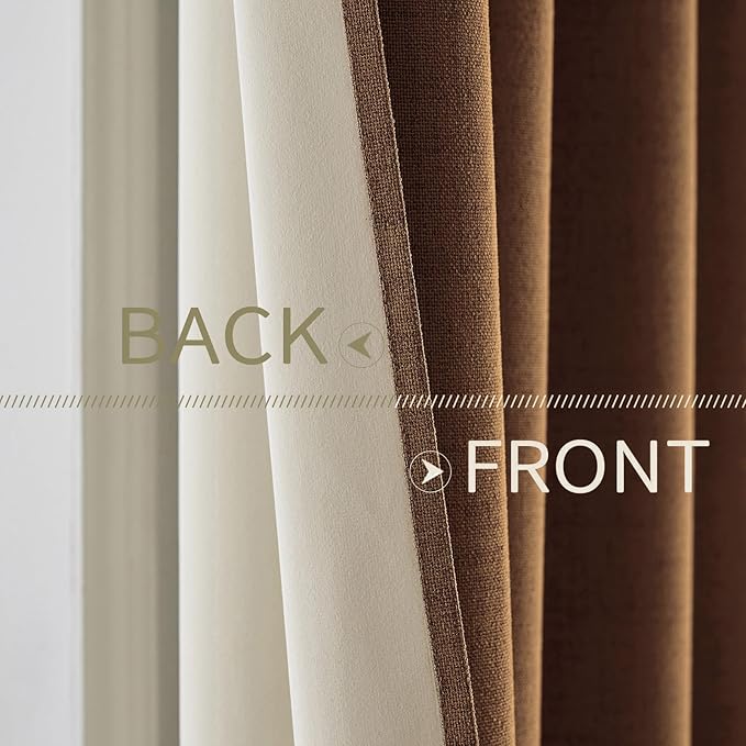 MIULEE 100% Blackout Linen Curtains for Bedroom Thermal Insulated Brown Grommet Room Darkening Curtains & Drapes Fall Decor for Living Room 52 x 108 Inch (2 Panels)