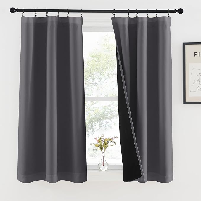 NICETOWN Grey Kitchen 100% Blackout Curtains 48 inches Long, Rod Pocket Basement Completely Blackout Window Treatment Thermal Insulated Lined Drapes for Small Window (1 Pair, 37" Width Each Panel)