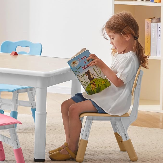 DOREROOM Adjustable Kids Table & 4 Chairs Set, 31.5"L x 23.6"W, Multicolor | Graffiti Desktop,Table Supports 300 lbs,Toddler Ages 2-8，FSC-certified, Children Activity Table for Daycare, Classroom, Home