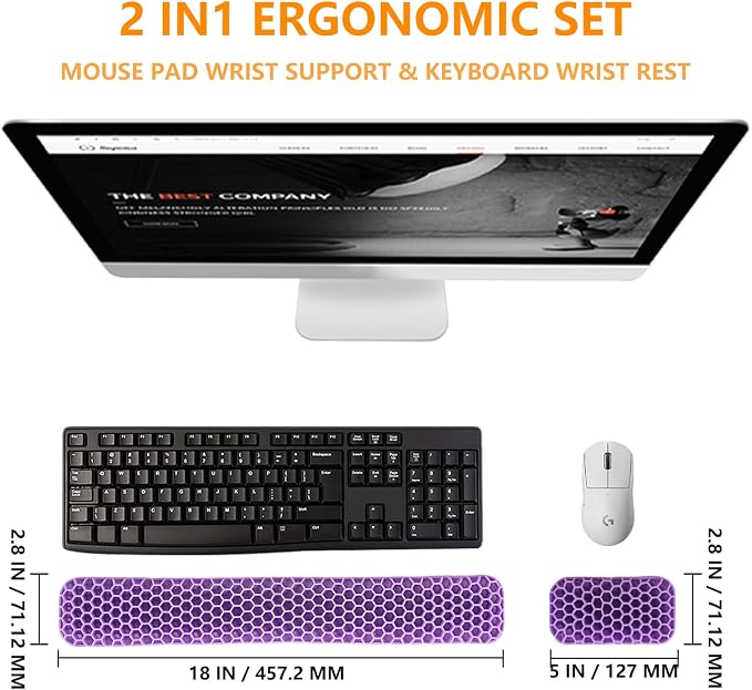 Ergonomic Keyboard and Mouse Wrist Rest Set, Silicone Honeycomb Design, 17.7 x 2.8 x 1 Inches, Non-Deformable Support for Office Gaming Typing (Purple)