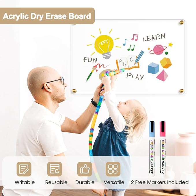 Large Clear Acrylic Dry Erase Board, 36" X 24" Golden Non-Magnetic Frameless Clear White Board for Wall, Erasable Acrylic Board for Wall, Home, Office, School, 2 Markers