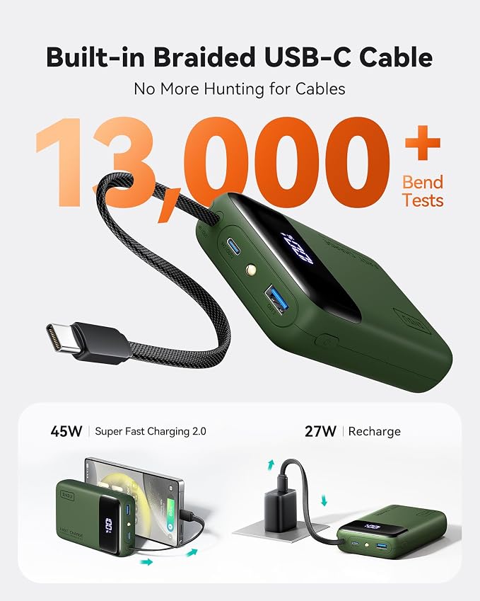 INIU 20000mAh Power Bank, Small 45W PD Fast Charging Portable Charger with Built-in USB C Cable, Flight-Safe Travel External Phone Battery Pack for Camping, ShortTrip, Travelers, Hikers, Green