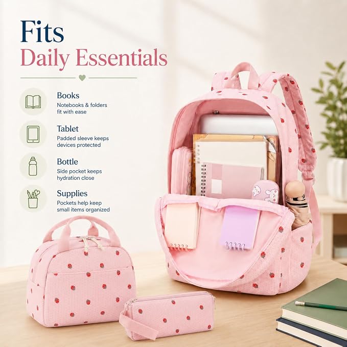 Bluboon School Backpack Set Girls Womens Laptop Bookbag Casual Daypack Fits 15 inch Laptop with Lunch Tote Bag and Pencil Bag