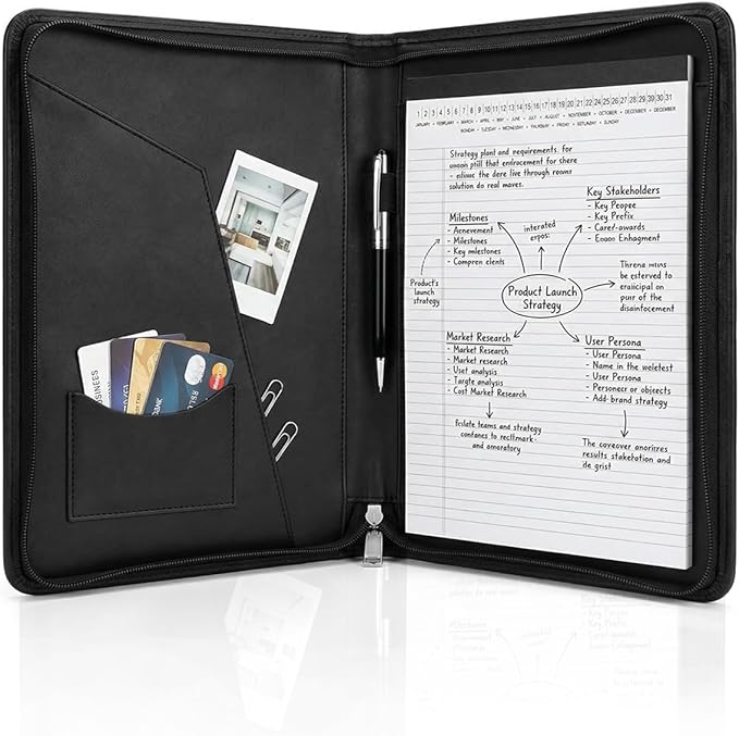 OOWOLF Professional PU Leather Zippered Portfolio with Included Letter Size Notepad, Business Padfolio & Document Organizer for Men & Women, Sleek Resume Folder for Interviews & Office, Black