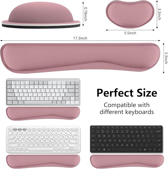 Wrist Rest for Computer Keyboard, Memory Foam Keyboard Wrists Rest, Ergonomic Design Wrist Support for Keyboard for Hand and Arm Easy Typing Pain Relief, 2 Piece Pad, Purplr Pink