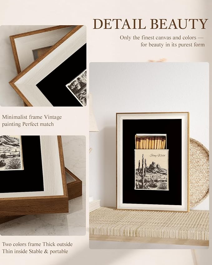 VIYYIEA Vintage Framed Wall Art for Living Room, Modern Matchbox Cactus Desert Canvas Painting, Southwestern Bohemian Print, Wall Decor for Bedroom Bathroom, 16L x 12W