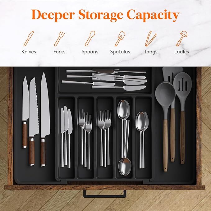 Lifewit Silverware Drawer Organizer, Expandable Utensil Tray for Kitchen, BPA Free Flatware and Cutlery Holder, Adjustable Plastic Storage for Spoons Forks Knives, 33 -57 x 42cm, Black