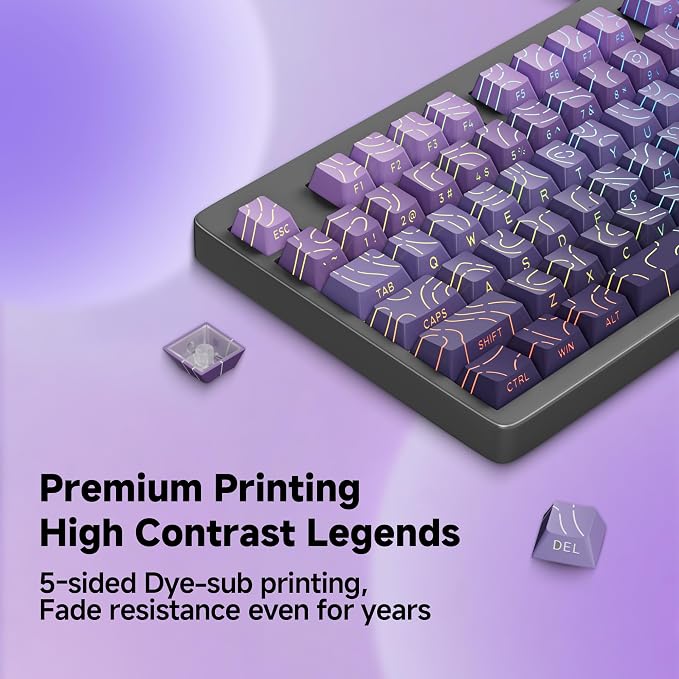 133 Aesthetic Shine Through PBT Keycaps, Purple Gradient, Long Lasting & No Fade, Modern Topographic Keycaps for Mechanical Keyboard - Ergonomic (Doubleshot, MX, Fit All Layout,Cherry)