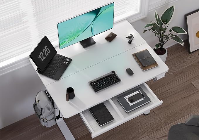 Claiks Electric Standing Desk with Drawer 40 Inch White | Sturdy steel frame supports 176 lbs, 28.35-46.46 inch height range, 3 preset buttons, 45 dB motor, 2 hooks