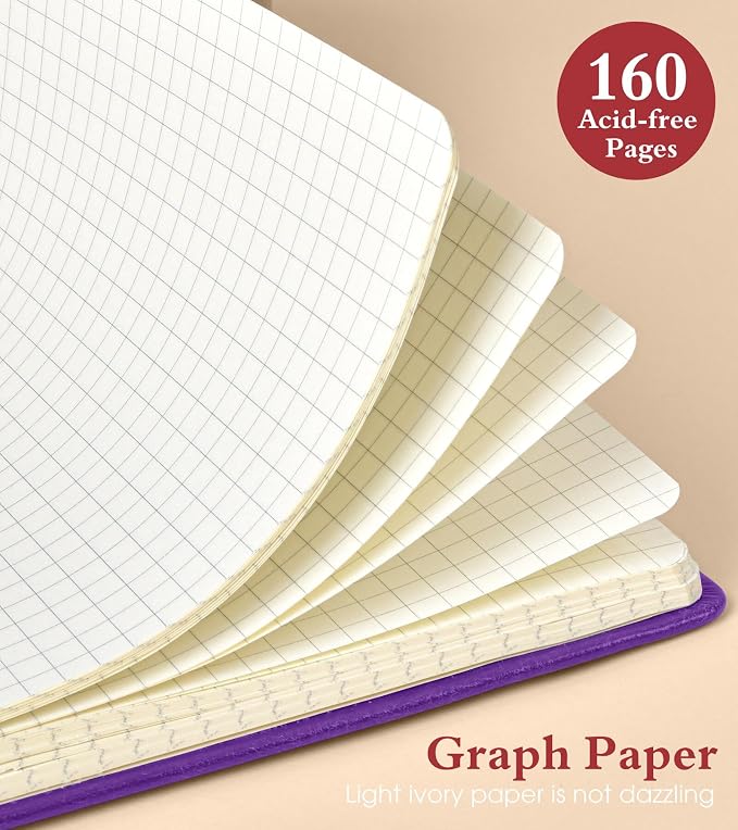PAIBAS Graph Notebook for Women Men, 160 Pages Grid Paper, Graphing Notebooks for School, Work, Quad Ruled, Inner Pocket, A5 Hardcover Vintage Leather Journals for Writing, 5.8"x8.5" (Purple)