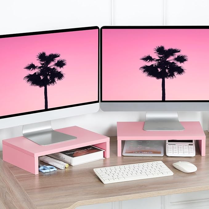 TEAMIX Pink Monitor Stand Riser - 2 PackS, Wood | Dual Stand for 2 monitors. Holds 80 lbs, Stack or Separate Adjustable Use, Fits laptop, TV, PC. For Home Office, Gaming