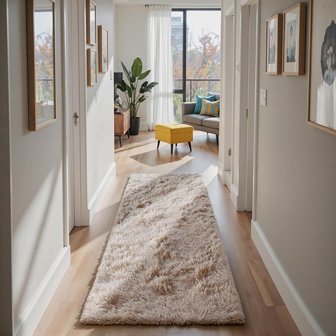 Soft Runner Rugs for Bedroom, Beige 3x7 Area Rugs Fluffy Rug Shag Area Rug Carpet, Bedside Rug for Living Room Bedroom Room Home Decor