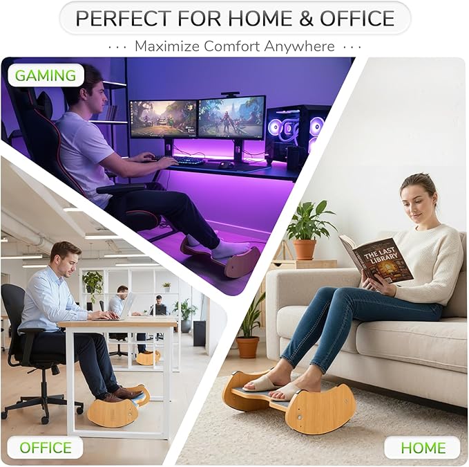 Bamboo Foot Rest for Under Desk - Fovima 2-in-1 Adjustable & Reversible Ergonomic Footstool, Permanent Dual-Sided Cushion, Tool-Free Height & Angle Adjustment