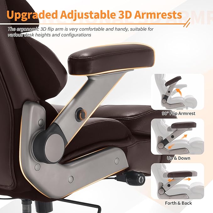 VUZI 700lbs Big and Tall Office Chair, Large Executive Leather Desk Chair | Adjustable Lumbar Support for Back Pain, Plus Size Wheels, 3D Flip Arms, Heavy Duty Metal Base, Wide Seat Computer Chair