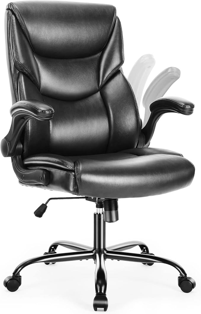 DUMOS PU Leather Office Chair - Ergonomic Executive Computer Desk Chairs with Adjustable Flip-up Armrest, Swivel Task Chair with Lumbar Support, Strong Metal Base,Inky