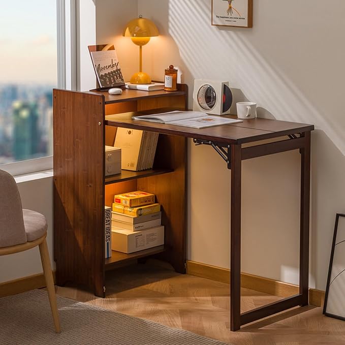 Bamboo Folding Desk with Storage, Space-Saving Foldable Computer Desk for Small Spaces, Vintage Fold Out Hideaway Small Desks Writing Study Table for Bedroom Home Office