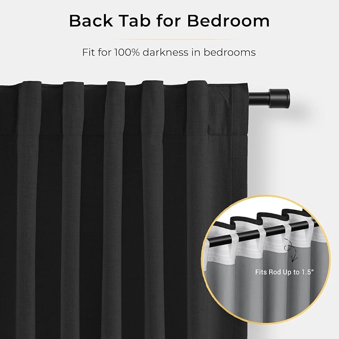 INOVADAY 100% Blackout Curtains for Bedroom, Black Out Curtains 84 Inch Long, Clip Rings Linen Blackout Drapes, Thermal Insulated Room Darkening for Living Room, 1 Panel - Black,W102xL84